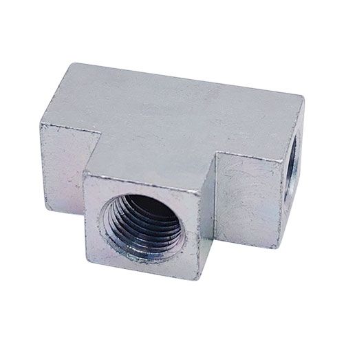 <p>Tee  |  3/8-24 UNF ports (2)  | 1/8-27 NPT port (top)</p>